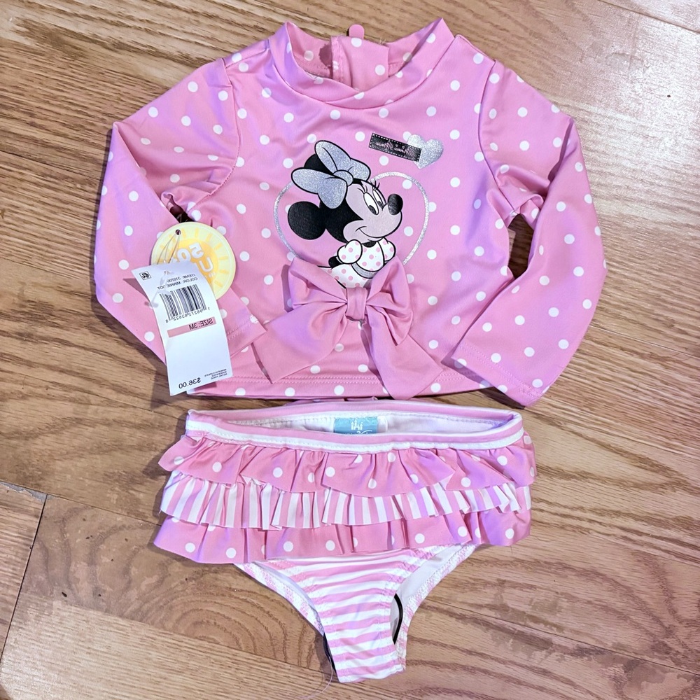 NWT Disney Baby Minnie Mouse Pink and White Kids  2 PC Swim Rashguard Set